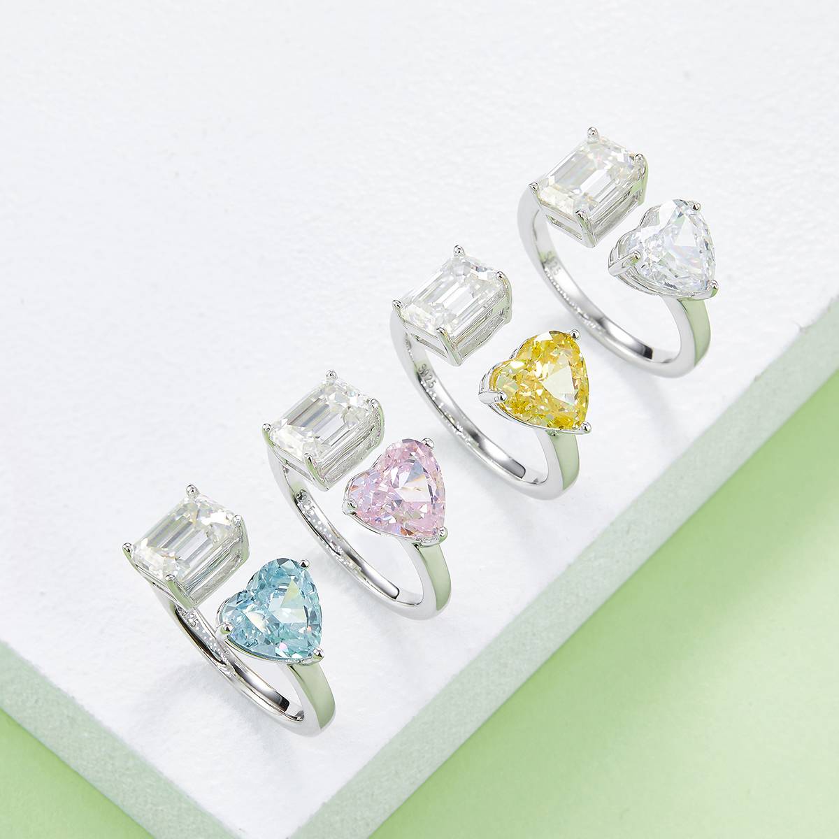 Heart Ice Flower Cut AND Rectangular Moissanite 925 Silver Plated Platinum Women's Ring 2 Carat D-Class
